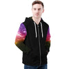 NerdyKeppie Galaxy Lightweight Lesbian Pride Zip Up Hoodie. A black hooded sweatshirt with zipper and two front pockets. This lesbian pride hoodie has a galaxy design on its sleeves and inside its hood!. 