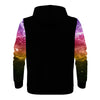 NerdyKeppie Galaxy Lightweight Lesbian Pride Zip Up Hoodie. A black hooded sweatshirt with zipper and two front pockets. This lesbian pride hoodie has a galaxy design on its sleeves and inside its hood!. 