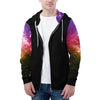 NerdyKeppie Galaxy Lightweight Lesbian Pride Zip Up Hoodie. A black hooded sweatshirt with zipper and two front pockets. This lesbian pride hoodie has a galaxy design on its sleeves and inside its hood!. 