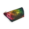 NerdyKeppie Galaxy Pan Pride Zipper Pouch with T-Bottom. A zippered accessory/makeup bag featuring a t-bottom and a Galaxy pattern in pansexual pride colors. This pan pride zipper pouch is fully lined and comes in two sizes.