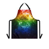 A person wearing a NerdyKeppie Galaxy Rainbow Gay Pride Apron With Pocket. A black apron with a galaxy design on it in rainbow gay pride colors. This rainbow gay pride pocket apron is made of durable 100% polyester.