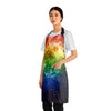 A person wearing a NerdyKeppie Galaxy Rainbow Gay Pride Apron With Pocket. A black apron with a galaxy design on it in rainbow gay pride colors. This rainbow gay pride pocket apron is made of durable 100% polyester.