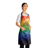 A person wearing a NerdyKeppie Galaxy Rainbow Gay Pride Apron With Pocket. A black apron with a galaxy design on it in rainbow gay pride colors. This rainbow gay pride pocket apron is made of durable 100% polyester.