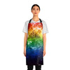 A person wearing a NerdyKeppie Galaxy Rainbow Gay Pride Apron With Pocket. A black apron with a galaxy design on it in rainbow gay pride colors. This rainbow gay pride pocket apron is made of durable 100% polyester.