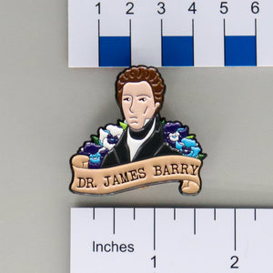 NerdyKeppie Dr. James Barry Historically Queer Enamel Pride Pin. Our NerdyKeppie Historically Queer Pride enamel pin features Dr. James Barry surrounded by flowers in your choice of transgender, gay men's / MLM, or rainbow gay pride colors. This pride pin ships from Portland, Oregon.