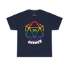 NerdyKeppie "Gaymer" d20 Cotton Rainbow Gay Pride Tee Shirt. A unisex cotton tee shirt with a d20 "Gaymer" design on it in rainbow pride colors. This gay pride tee shirt has a classic fit.