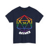 NerdyKeppie "Gaymer" d20 Cotton Rainbow Gay Pride Tee Shirt. A unisex cotton tee shirt with a d20 "Gaymer" design on it in rainbow pride colors. This gay pride tee shirt has a classic fit.