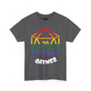 NerdyKeppie "Gaymer" d20 Cotton Rainbow Gay Pride Tee Shirt. A unisex cotton tee shirt with a d20 "Gaymer" design on it in rainbow pride colors. This gay pride tee shirt has a classic fit.