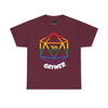 NerdyKeppie "Gaymer" d20 Cotton Rainbow Gay Pride Tee Shirt. A unisex cotton tee shirt with a d20 "Gaymer" design on it in rainbow pride colors. This gay pride tee shirt has a classic fit.