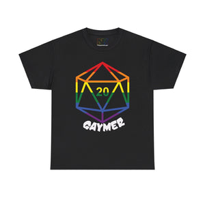 NerdyKeppie "Gaymer" d20 Cotton Rainbow Gay Pride Tee Shirt. A unisex cotton tee shirt with a d20 "Gaymer" design on it in rainbow pride colors. This gay pride tee shirt has a classic fit.