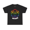 NerdyKeppie "Gaymer" d20 Cotton Rainbow Gay Pride Tee Shirt. A unisex cotton tee shirt with a d20 "Gaymer" design on it in rainbow pride colors. This gay pride tee shirt has a classic fit.