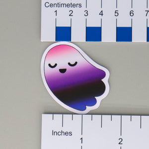 NerdyKeppie L'il Ghosties Pride Sticker. Our Pride ghost stickers measure 3" x 2.5". The vinyl sticker is of a colorful, cute, spoopy ghostie in your choice of pride flags.
