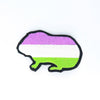 NerdyKeppie's Genderqueer BONEYARD Guinea Pig Embroidered Pride Patch are shaped like their namesake and stitched on black duck cloth!