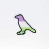 NerdyKeppie's Genderqueer Crow Embroidered Pride Patch are shaped like their namesake and stitched on black duck cloth!