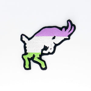 NerdyKeppie's Genderqueer Goat Embroidered Pride Patch are shaped like their namesake and stitched on black duck cloth!