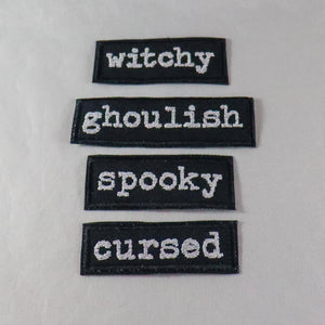 NerdyKeppie's Halloween Words Embroidered Patches are stitched on sturdy rectangular duck cloth and backed with vinyl fuse.
