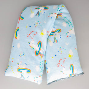 A NerdyKeppie Happy Unicorns and Rainbows Flannel Heat & Cold Pack. A microwaveable heat and cold pack featuring a unicorn-themed design, great gift for friends with, you know, achy joints and stuff.