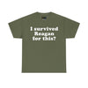 NerdyKeppie "I Survived Reagan For This?" Cotton Queer Pride Tee Shirt. A unisex cotton tee shirt with an "I Survived Reagan For This?" design on it. This queer pride tee shirt has a classic fit.