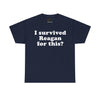 NerdyKeppie "I Survived Reagan For This?" Cotton Queer Pride Tee Shirt. A unisex cotton tee shirt with an "I Survived Reagan For This?" design on it. This queer pride tee shirt has a classic fit.