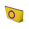 NerdyKeppie Intersex Pride Flap Zipper Pouch with T-Bottom. A zippered accessory/makeup bag featuring a t-bottom and an intersex flag pattern. This intersex pride zipper pouch is fully lined and comes in two sizes.