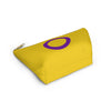 NerdyKeppie Intersex Pride Flap Zipper Pouch with T-Bottom. A zippered accessory/makeup bag featuring a t-bottom and an intersex flag pattern. This intersex pride zipper pouch is fully lined and comes in two sizes.