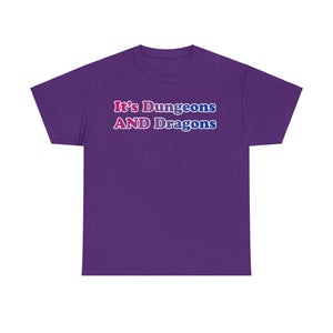 NerdyKeppie "It's Dungeons AND Dragons" Cotton Bi Pride Tee Shirt. A unisex cotton tee shirt with an "It's Dungeons AND Dragons" design on it in bisexual pride colors. This bi pride tee shirt has a classic fit.