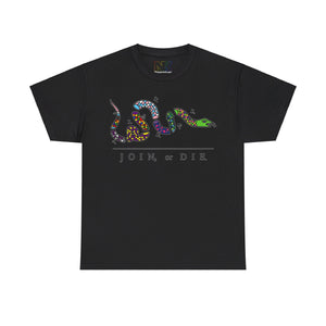 NerdyKeppie "Join Or Die" Cotton Multi-Flag LBGTQIA+ Pride Tee Shirt. A unisex cotton tee shirt with a Ben Franklin Join Or Die design on it featuring eight different pride flags. This LBGTQIA+ pride tee shirt has a classic fit.