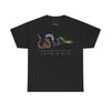 NerdyKeppie "Join Or Die" Cotton Multi-Flag LBGTQIA+ Pride Tee Shirt. A unisex cotton tee shirt with a Ben Franklin Join Or Die design on it featuring eight different pride flags. This LBGTQIA+ pride tee shirt has a classic fit.