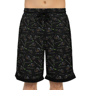 A person wearing a NerdyKeppie "Join Or Die" Multi-Flag LGBTQIA+ Pride Basketball Shorts With Pockets. A pair of basketball shorts with gay pride “Join or Die” pattern on it. These gay pride shorts fall just above the knee, have pockets, and a drawstring closure.