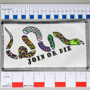 NerdyKeppie's "Join or Die" Multi-Flag LGBTQIA+ Pride Sublimated Patches are stitched on black duck cloth and backed by sturdy vinyl fuse.