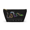 NerdyKeppie "Join or Die" Multi-Flag LGBTQIA+ Pride Zipper Pouch with T-Bottom. A zippered accessory/makeup bag featuring a t-bottom and a Join or Die pattern. This pride zipper pouch is fully lined and comes in two sizes.