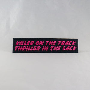 NerdyKeppie's "Killer On The Track / Thriller In The Sack" Embroidered Roller Derby Patch are stitched on sturdy rectangular duck cloth and backed with vinyl fuse.