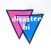 NerdyKeppie's Large (8" x 9") White Letters "Disaster Bi" Embroidered Bisexual Pride Patch are stitched on black duck cloth and backed by sturdy vinyl fuse.