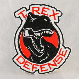 NerdyKeppie's Large Back Piece - $60 T Rex Defense Embroidered Patch are stitched on black duck cloth and backed by sturdy vinyl fuse.