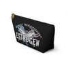 NerdyKeppie "We Built These Titties On Estrogen" Trans Pride Zipper Pouch with T-Bottom. A zippered pouch featuring a t-bottom and a "We Built These Titties On Estrogen" pattern in transgender pride colors. This pride zipper pouch is fully lined and comes in two sizes.