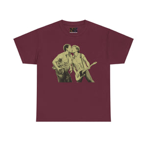 NerdyKeppie "Last of the Duke Street Kings" - Lauren Denitzio Tee Shirt (PostNormCore Exclusive). a tee shirt featuring two cool rock n roll guys sharing a kiss on stage. this Lauren Denitzio tee shirt is available in sizes up to 5XL.