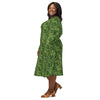 A person wearing a NerdyKeppie Lemurs Progress Pride Long Sleeve Midi Dress With Pockets. 