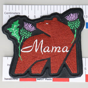 NerdyKeppie's Mama Bear & Thistles Embroidered Patch are stitched on black duck cloth and backed by sturdy vinyl fuse.