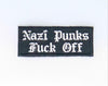 NerdyKeppie's "Nazi Punks Fuck Off" Embroidered Patch are stitched on sturdy rectangular duck cloth and backed with vinyl fuse.