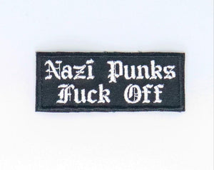 NerdyKeppie's "Nazi Punks Fuck Off" Embroidered Patch are stitched on sturdy rectangular duck cloth and backed with vinyl fuse.