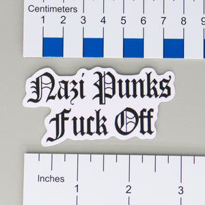 NerdyKeppie "Nazi Punks Fuck Off" Pride Sticker. Our NerdyKeppie "Nazi Punks Fuck Off" stickers ship from Portland Oregon and feature black Old English text on matte white vinyl.
