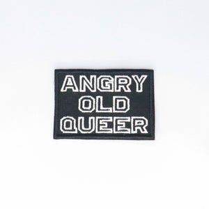 NerdyKeppie's No Hooked Backing "Angry Old Queer" Embroidered Queer Pride Patch are stitched on sturdy rectangular duck cloth and backed with vinyl fuse.