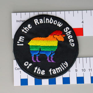 NerdyKeppie's No Hooked Backing "I'm the Rainbow Sheep of the Family" Embroidered Pride Patch are shaped like their namesake and stitched on black duck cloth!