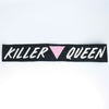 NerdyKeppie's No Hooked Backing "Killer Queen" Pink Triangle Embroidered Patch are stitched on sturdy rectangular duck cloth and backed with vinyl fuse.