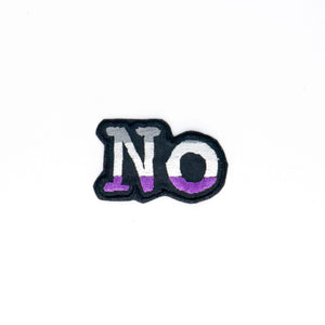 NerdyKeppie's No Hooked Backing "No." Embroidered Ace Pride Patch are stitched on black duck cloth and backed by sturdy vinyl fuse.