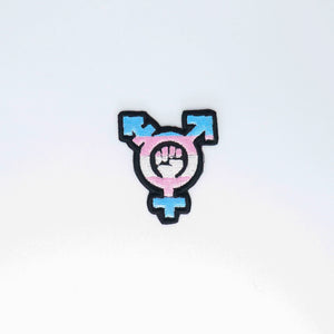 NerdyKeppie's No Hooked Backing Transgender Pride Fist Embroidered Patch are stitched on black duck cloth and backed by sturdy vinyl fuse.