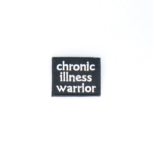 NerdyKeppie's No Hooked Backing "Warrior of Chronic Illness" Embroidered Disability Pride Patch are stitched on sturdy rectangular duck cloth and backed with vinyl fuse.