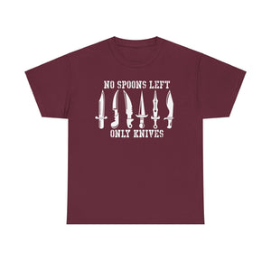 NerdyKeppie "No Spoons Left Only Knives" Cotton Disability Pride Tee Shirt. A unisex cotton tee shirt with a "No Spoons Left Only Knives" design on it. This disability pride tee shirt has a classic fit.