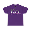 NerdyKeppie "No." Typewriter Font Cotton Ace Pride Tee Shirt. A unisex cotton tee shirt with a "No." design on it in asexual pride colors. This ace pride tee shirt has a classic fit.