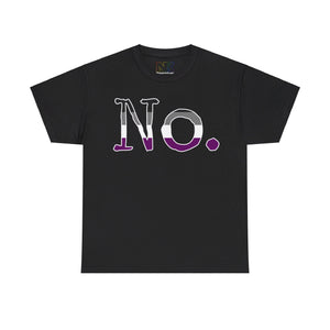 NerdyKeppie "No." Typewriter Font Cotton Ace Pride Tee Shirt. A unisex cotton tee shirt with a "No." design on it in asexual pride colors. This ace pride tee shirt has a classic fit.